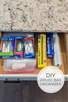 an organized drawer with toothbrushes, toiletries and other items in it that are labeled diy ziploc bag organizer