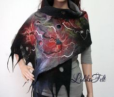 Cobweb Felted Wool Scarf Shawl Wrap BLACK Gray RED Flowers This wonderful, delicate, fancy scarf is hand felted from high quality very fine merino wool using the cobweb felting technique.  Color: black, shades of gray, flowers in different shades of red and green, decorated with multicolored silk fibers and fancy yarn threads. Luxury and natural! Thin and airy, very soft, nice, romantic, attractive, refreshing and 100% eco-friendly, this scarf will make you feel comfortably classy and will be a Fancy Scarf, Different Shades Of Red, Nuno Felt Scarf, Black And White Flowers, Wool Wrap, Felted Scarves, Silk Shawl, Women Shawl, Hand Felted