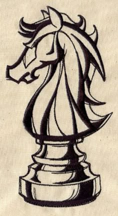 a black and white drawing of a horse head on a piece of cloth with the word,