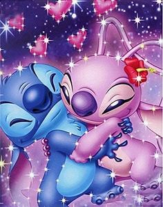 two cartoon characters hugging each other with stars in the background