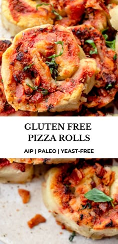 gluten - free pizza rolls on a plate with text overlay