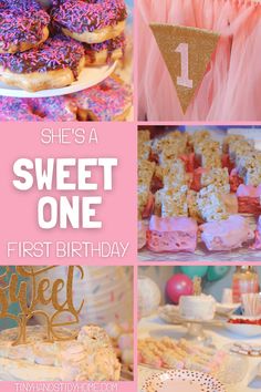 sweet one first birthday party with pink, gold and white desserts including donuts