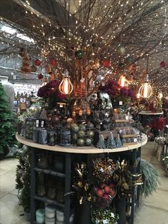 a christmas display in a store filled with lots of ornaments and lights hanging from the ceiling