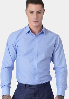 Blue Pinpoint Oxford Shirt - SARTORO Modern Blue Dress Shirt For Business, Modern Blue Business Dress Shirt, Professional Solid Shirt For Business Casual, Professional Solid Color Shirt For Business Casual, Light Blue Cotton Dress Shirt For Business, Business Light Blue Cotton Dress Shirt, Light Blue Cotton Business Dress Shirt, Modern Blue Dress Shirt For Office, Smart Blue Cotton Shirt