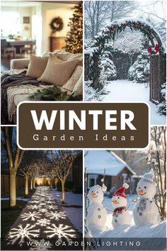 Create a peaceful winter haven with layered textures, wreath-covered gates, and snowy garden paths.