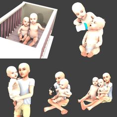 an animated image of three babies in different stages of being held by their mother and father