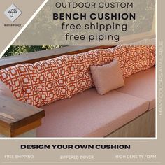 an outdoor bench cushion is shown with the text, design your own cushion free shipping