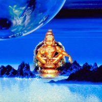 there is a buddha statue sitting in the middle of a blue landscape with mountains behind it