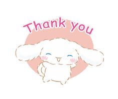 a white bunny with the words thank you written on it's back and pink background