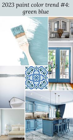 a collage of blue and white paint colors