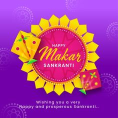 happy makar sanki greeting card with colorful paper decorations on purple and yellow background