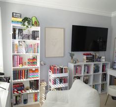 a living room filled with furniture and a flat screen tv mounted on a wall above a bookshelf