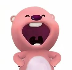 an animated pink bear with its mouth open and teeth wide open, standing in front of a white background