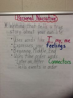 a whiteboard with writing on it in front of a wall that says personal narrative