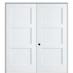 two white doors with black knobs on the top and bottom, against a white background