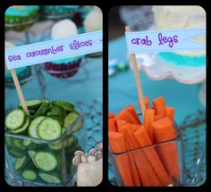 two pictures of carrots, cucumbers and celery on a table