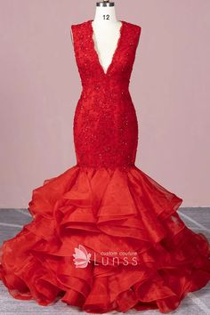 timeless beaded red lace and ruffled organza mermaid gown Fitted Red Pageant Dress For Prom, Mermaid Dress For Prom And Red Carpet, Red Carpet Mermaid Dress For Prom Season, Red Carpet Prom Season Mermaid Dress, Elegant Red Pageant Dress For Prom, Custom Made Prom Dress, Dress Train, Prom 2024, Prom Style