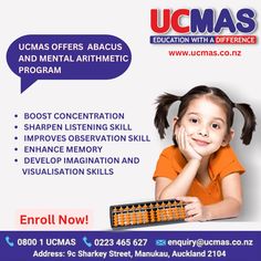 an advertisement for the ucmas education with a girl smiling and holding her hand to her face