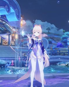 an anime character standing in front of a building at night with her hand up to the sky