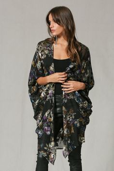 The Ever Thine Floral Kimono features intricate floral detailing over sheer black fabric. 52% Nylon, 48% Rayon. Relaxed fit. Denim Bar, Kimono Floral, Satin Kimono, Shop Boutique, Print Kimonos, Floral Kimono, Kimono Jacket, Rose Print, Black Fabric