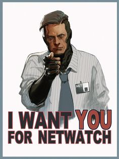 a man in a shirt and tie is pointing his finger at the camera with an i want you for netwatch sticker on it