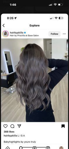 Grey Tone Balayage, Mushroom Grey Hair Color Balayage, Ash Brown Full Hair Color, Silver Dark Brown Hair, Ashy Brown Black Hair, Long Ashy Brown Hair, Dark Ashy Hair Color, Smokey Ash Grey Hair Balayage, Balayage Hair Mushroom Brown