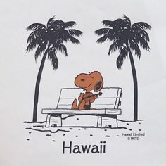 a drawing of a dog sitting on a bench in front of two palm trees with the word hawaii written below it