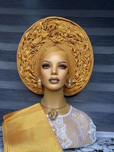 Yellow Auto Gele Aso-Oke, Nigerian Headpiece Headtie Headgear, African Head Wrap For Women, Yoruba Wedding Bride Outfits  TO SEE OTHER COLORS AND DESIGNS OF AUTOGELE HEADWRAPS, BRAIDED WIGS AND AFRICAN CORAL BRIDAL BEADS, VISIT OUR SHOP HERE: https://sereneafrica.etsy.com/ Features: *100% genuine Aso-Oke. *Easy to tie and maintain. *Comfortable on the head. *Comes in plain Aso-Oke or embellished. *Comes in other lovely colours. We also make complete bridal Aso Oke outfit. We can make this in lar Lux Loungewear, Cultural Dress, Yoruba Bride, Yoruba Wedding, Head Wraps For Women, Bride Outfits, African Head Wraps, Braided Wigs, Aso Oke