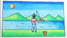 Fishing drawing | How to draw fishing scenery drawing Drawing Step By Step Easy, Fishing Drawing, Memory Drawing, Study Cards, Drawing Step By Step, Drawing Step, Madhubani Art