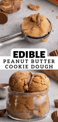 peanut butter cookie dough in a glass jar with spoons on the side and title text overlay