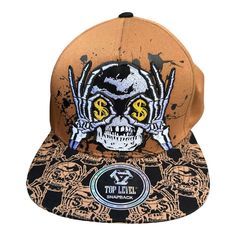 For Sale Is A Top Level Skull Embroidered Snapback Hat An Embroidered White Skull Holding Yellow Dollar Signs Decorate This Natural Brown Adjustable Cap. New With Tags. 100% Cotton. Make Yourself Standout In A Crowd. Ships Same Or Next Day Any Questions. Just Ask **Please See All Pictures For Full Item Condition And Details.** 3159-Topl-D871223b Adjustable Skull Print Baseball Cap, Casual Snapback Baseball Cap With Skull Print, Casual Skull Print Snapback Baseball Cap, Skull Print Cap One Size Fits Most, Skull Print Cap One Size, Adjustable Snapback Baseball Cap With Skull Print, Black Skull Baseball Cap For Streetwear, Brown Flat Bill Baseball Cap For Streetwear, Skull Print Snapback Hat For Streetwear