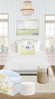 a white bed sitting in a bedroom next to two chairs and a rug on top of a hard wood floor