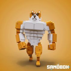 an orange and white robot is standing in front of the sandbox logo, which has been designed to look like it's made out of legos