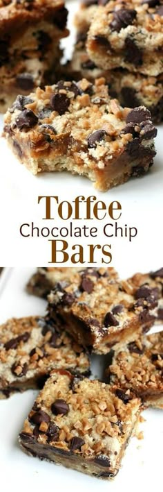 chocolate chip bars stacked on top of each other with the words toffee chocolate chip bars