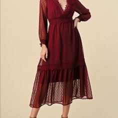 Nwt Burgundy Ruffle Midi Lace Women Dress Small And Medium Only Beautiful Burgundy V Neck Midi Dress With Beautiful Lace Trim. *100% Polyester *New With Tags *Size Small & Medium If You Have Questions, Leave Question In The Comments Below. Thank You. Pompom Woven Chiffon Midi Dress With Scallop Lace Trim Detail 100% Polyester. #Giftsforher #Wedding #Guest #Party #Dinnerdate #Datenight #Chic #Classic #Church #Cocktail #Modest #Parties #Specialoccasion #Christmas Turquoise Midi Dress, Black Flare Dress, Satin Formal Dress, Short Sleeve Floral Dress, Chiffon Midi Dress, Long Midi Dress, Tan Dresses, V Neck Midi Dress, Long Sleeve Print Dress