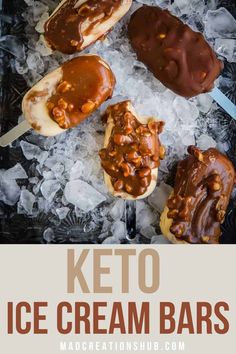 keto ice cream bars on top of ice with chocolate and caramel toppings