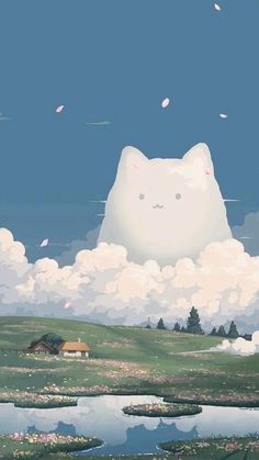 a white cat sitting on top of a lush green field under a blue sky with clouds