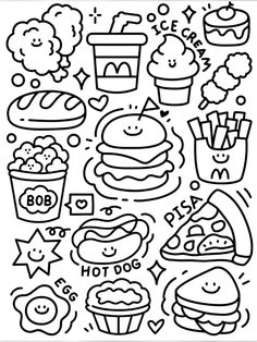 a coloring page with different food items and words in black and white, including donuts,