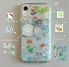 an iphone case with many different things attached to the back and sides, all in clear plastic