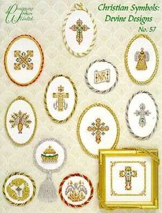 the cross stitch pattern is displayed in front of a white background with gold trimmings