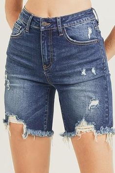 Bermuda length high-rise raw hem dark wash short by Risen Long Denim Shorts, Distressed Bermuda Shorts, Mid Thigh Shorts, Mid Length Shorts, Distressed Shorts, Distressed Denim Shorts, High Rise Shorts, Long Shorts, Fit Check