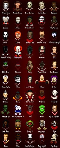 an image of many different types of masks on a dark red background, with the names and