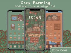 three iphones with the text cozy farming wallpaper, icon and widget set