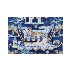 a blue and white wallpaper with leopards, flowers, and other items on it