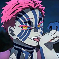 an anime character with pink hair and blue eyes holding his hand up to his face