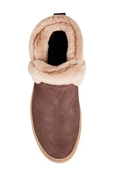 Fuzzy faux-fur trim enhances the cold-weather character of a waterproof bootie with a contoured foam insole for added comfort. 1" platform (size 6) 4" shaft Pull-on style Removable, molded foam-cushioned insole Temperature rated to -11°F/-24°C Antislip outsole Leather and textile faux-fur upper/textile lining/synthetic sole Imported Comfortable Winter Slippers With Faux Fur Trim, Cozy Faux Fur Winter Slippers, Brown Winter Boots With Faux Fur Trim, Cozy Mink-colored Outerwear With Faux Fur Lining, Cushioned Slip-on Faux Fur Slippers, Faux Fur Collar, Suede Booties, Fur Collars, Fur Trim