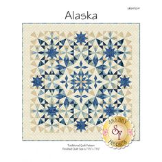 the alaska quilt pattern is shown in blue and white, as well as an image of a