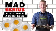 a man holding an egg tray with four eggs in it and the words mad genius on top