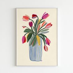 a painting of tulips in a striped vase on a white wall above a shelf