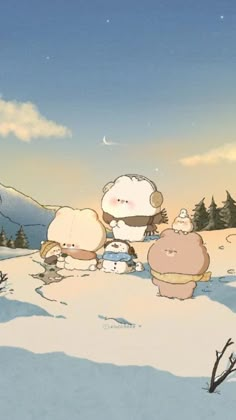 three cartoon characters are sitting in the snow